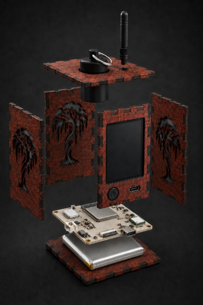 Exploded view of the Stash Lantern showing side panels, LED board, battery, top cap, and modular construction.