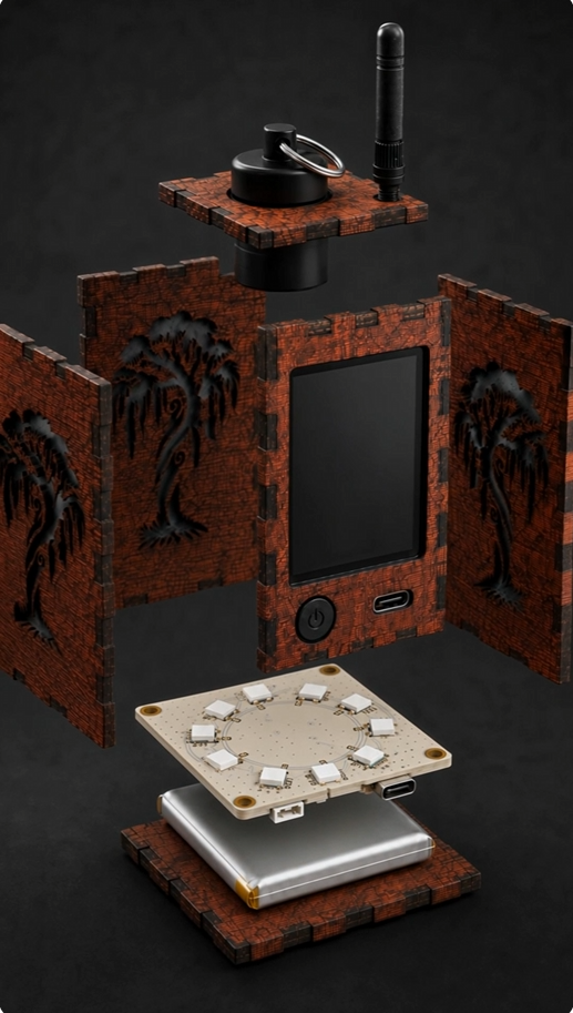 Exploded Stash Lantern view highlighting the internal circuit board, electronics, battery, and wood panel assembly.