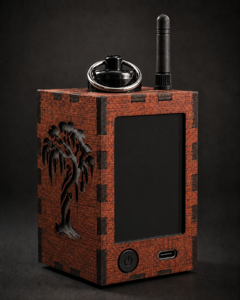 Finished Stash Lantern showing wood-textured panels, front screen, power button, USB-C port, and top-mounted accessory.