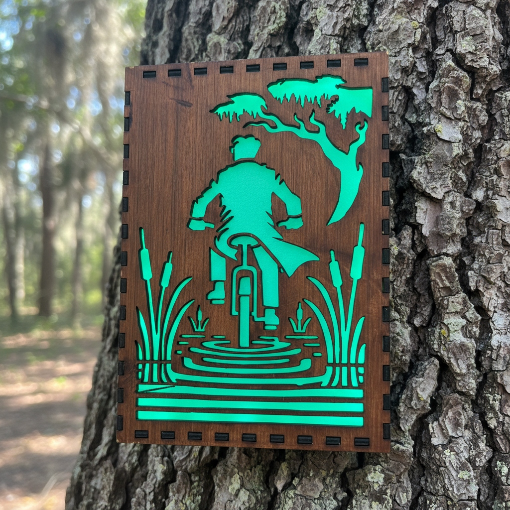 Wood burned bicycle scene artwork on raw edge wood