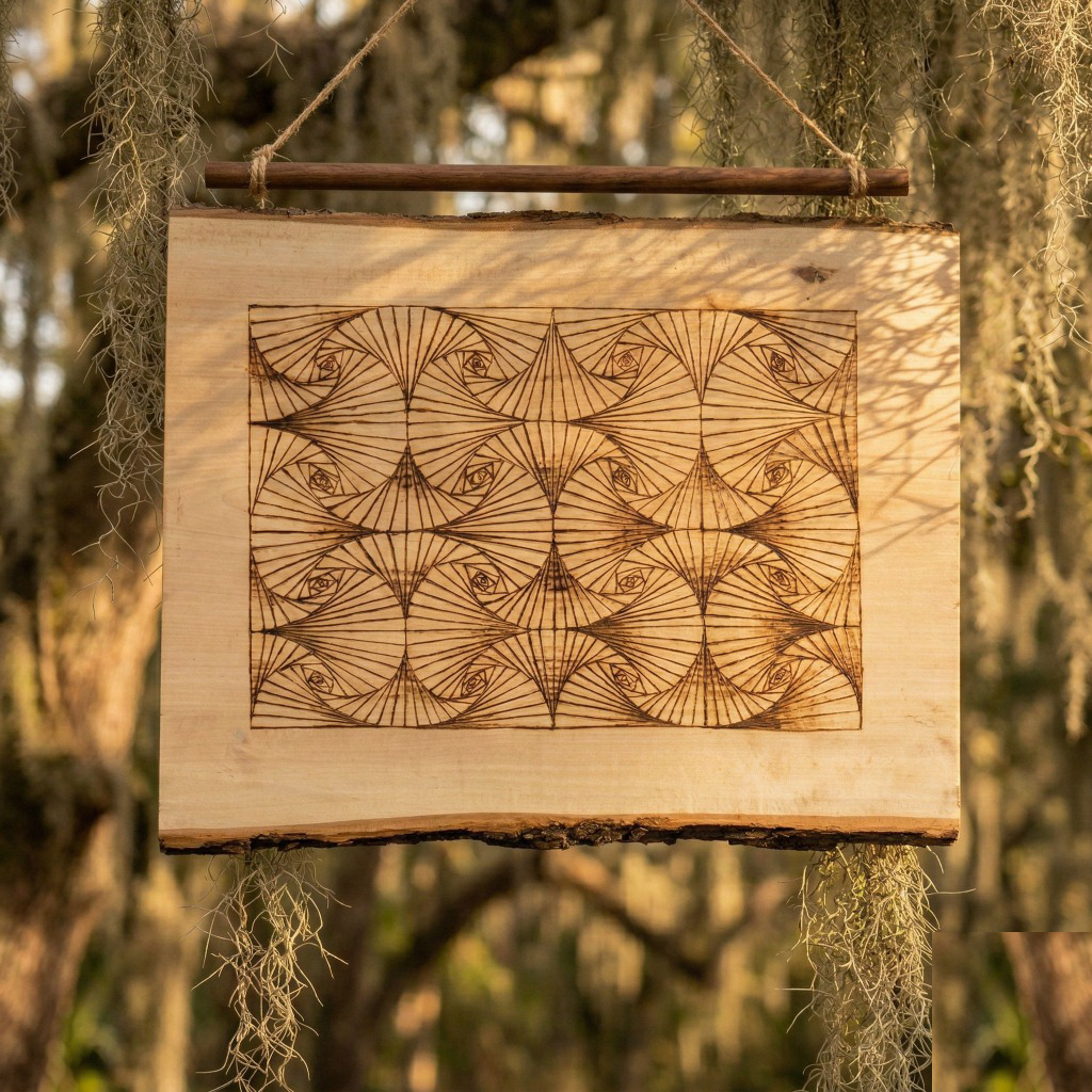 Spiral wood burned design on a finished art panel
