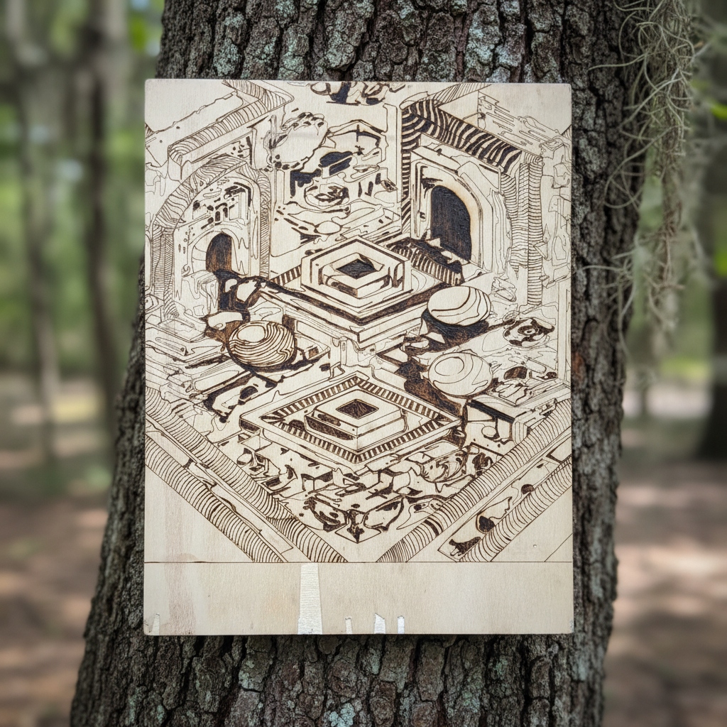 Featured hand wood-burned art piece by Chandler Allan