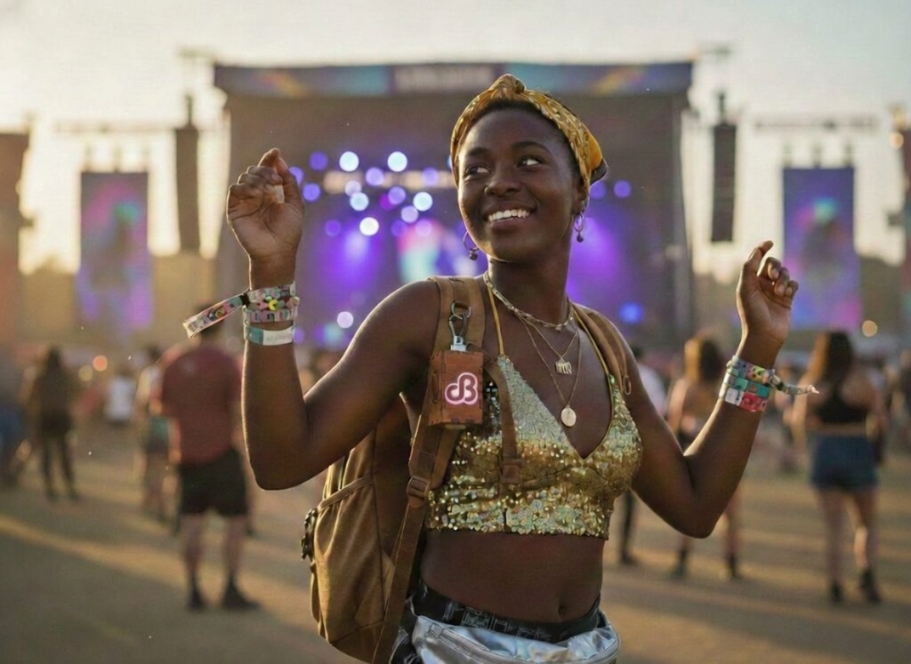 Handcrafted wood burned art pieces lit at a music festival