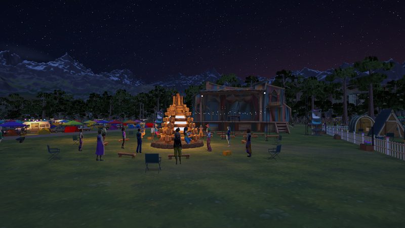 A bonfire at the Campfire Stage at night