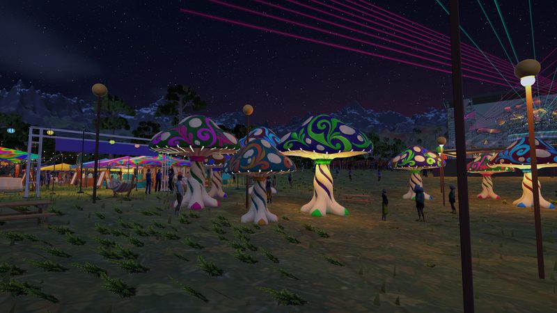 Glowing mushroom sculptures on the Midway at night