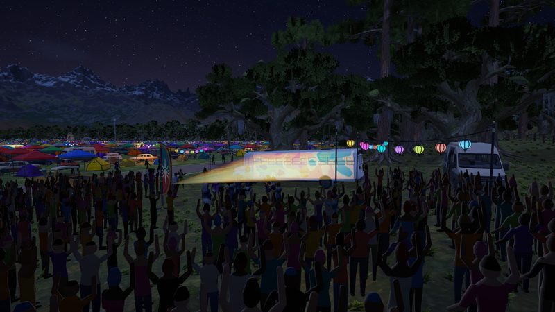 A crowd dancing at a painted bus with a projector at night